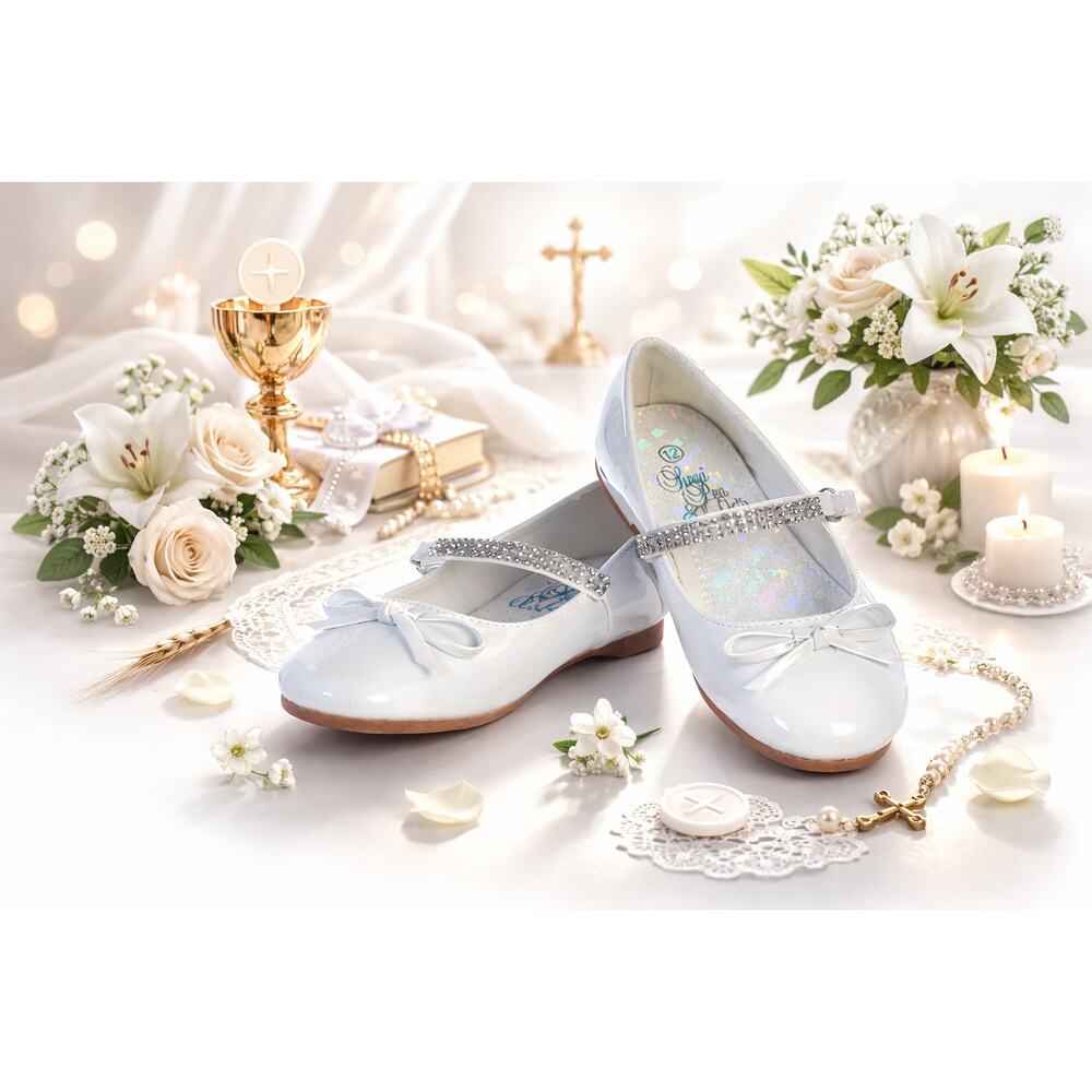 NEW Girl's Communion Dress Shoe-White/Patent Flat Shoe-Rhinestone Strap-Size 10T